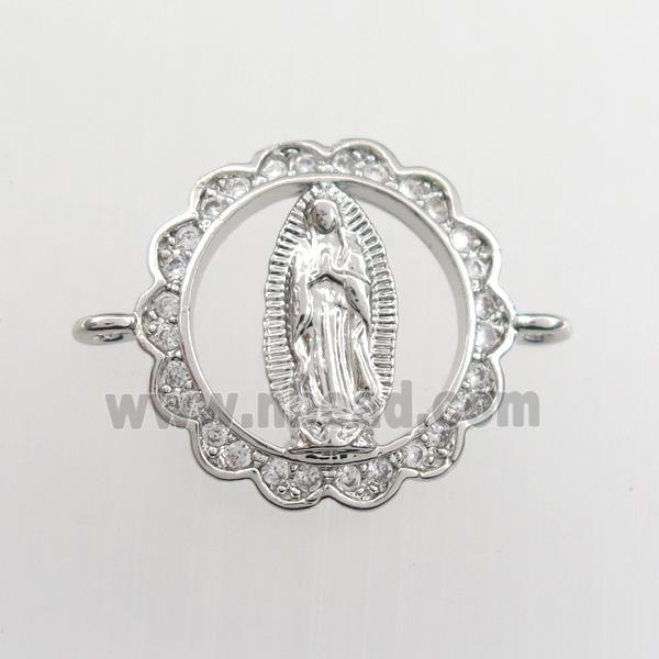 copper circle connector paved zircon with Jesus, platinum plated