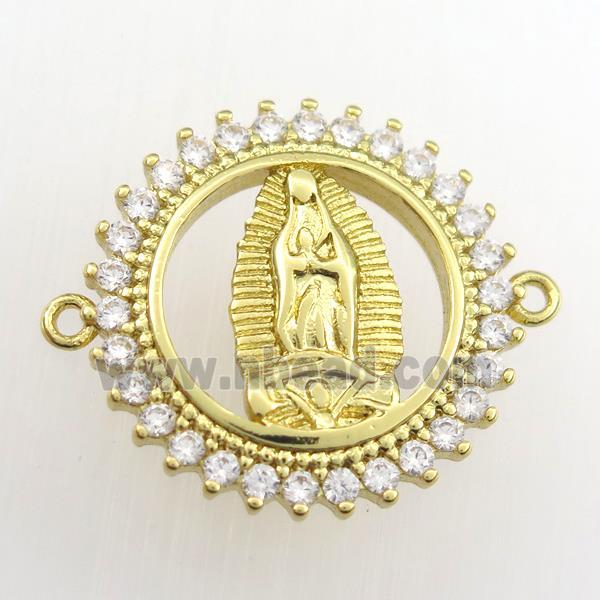 copper circle connector paved zircon with Jesus, religious, gold plated