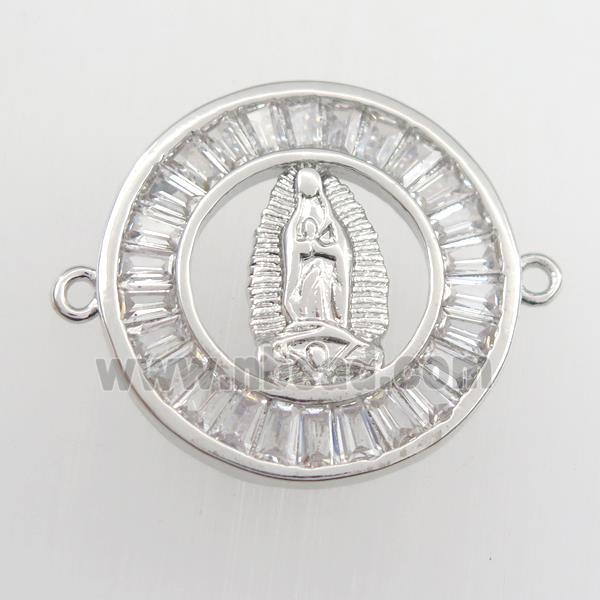 copper circle connector paved zircon with Jesus, religious, platinum plated
