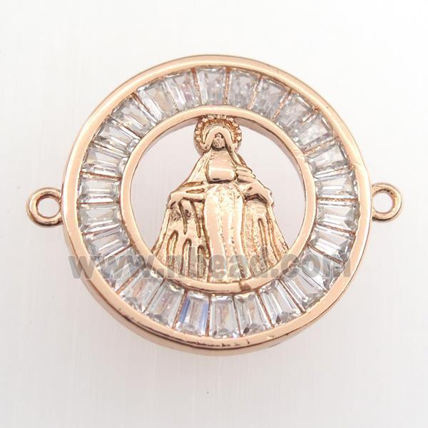 copper circle connector paved zircon with Jesus, rose gold