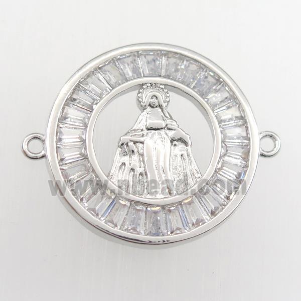 copper circle connector paved zircon with Jesus, platinum plated