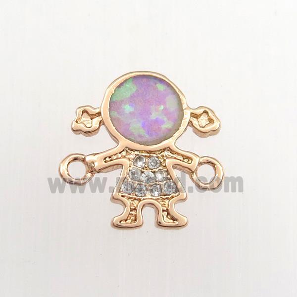 copper kids connector paved zircon with fire opal, cartoon, rose gold