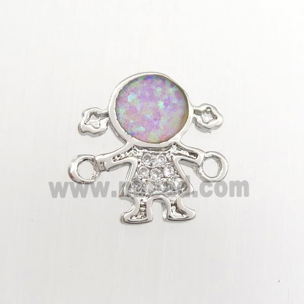copper kids connector paved zircon with fire opal, platinum plated