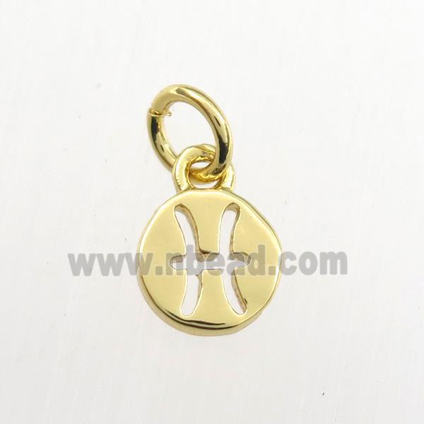 copper circle pendant, zodiac pisces, gold plated