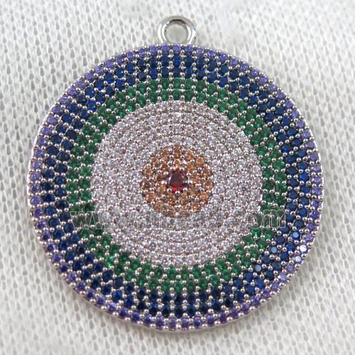 copper circle pendant paved zircon, sun, platinum plated
