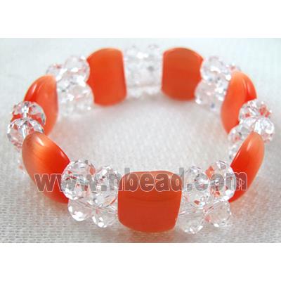 stretchy Bracelet with Chinese crystal beads, cat eye beads, red