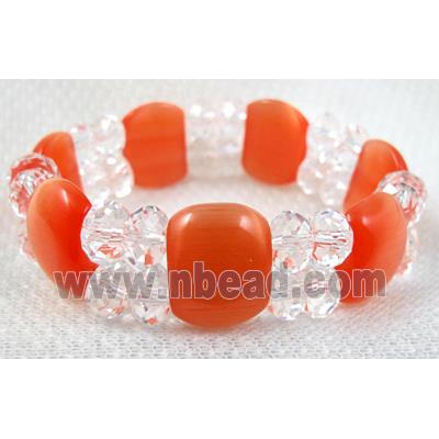stretchy Bracelet with Chinese crystal beads, cat eye beads, red