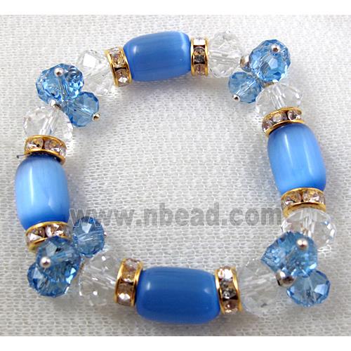 stretchy Bracelet with Chinese crystal beads, rhinestone, cat eye beads, blue
