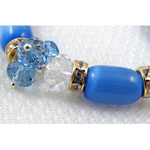 stretchy Bracelet with Chinese crystal beads, rhinestone, cat eye beads, blue