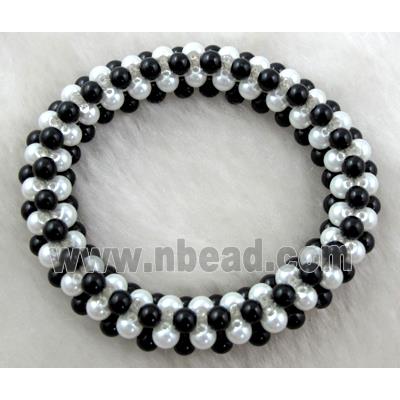 pearlized glass bracelet, stretchy, black, white