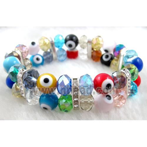 lampwork glass bracelet with crystal beads, stretchy, evil eye