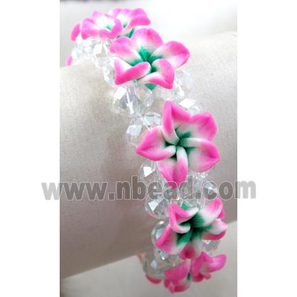 Fimo clay bracelet with crystal glass, stretchy, hot-pink