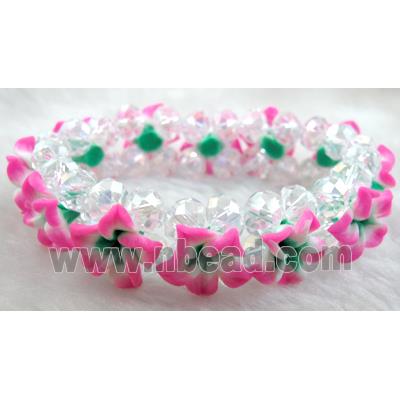 Fimo clay bracelet with crystal glass, stretchy, hot-pink