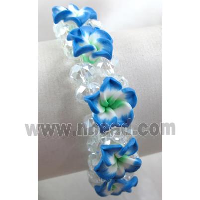 Fimo clay bracelet with crystal glass, stretchy, blue