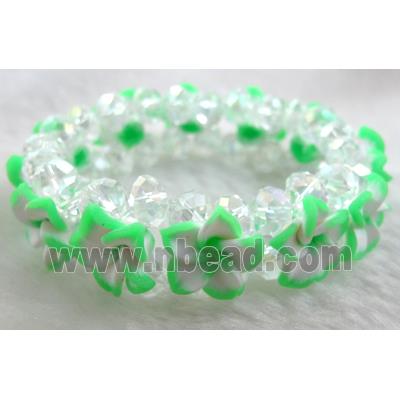Fimo clay bracelet with crystal glass, stretchy, green