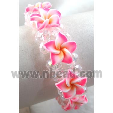 Fimo clay bracelet with crystal glass, stretchy, pink