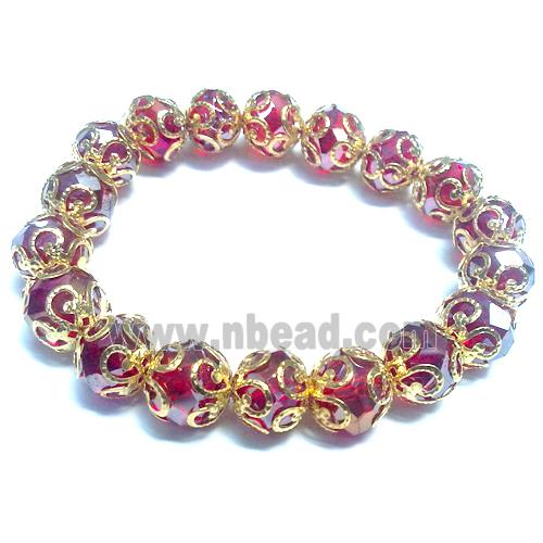 Chinese Crystal Glass Bracelet, stretchy, hot-pink