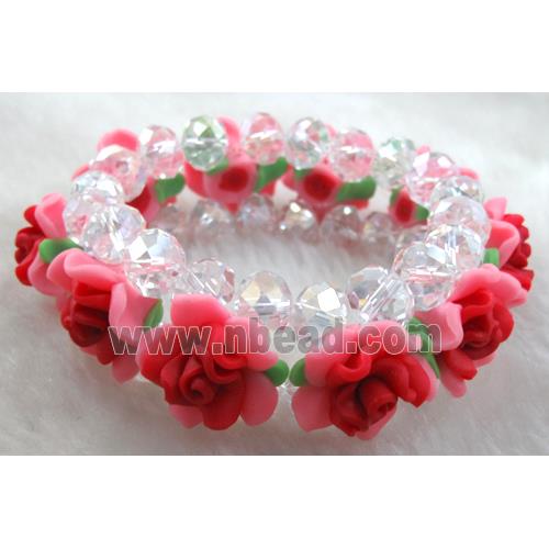 fimo clay bracelet with crystal glass, stretchy, pink, red