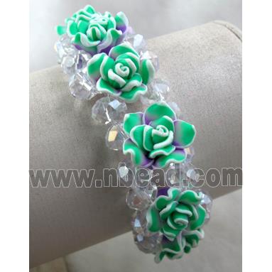 fimo clay bracelet with crystal glass, stretchy, green