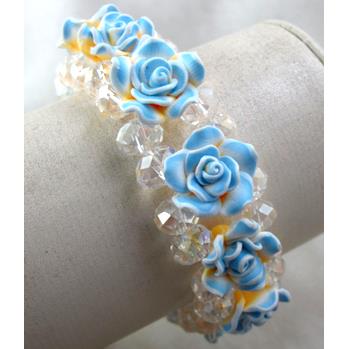 fimo clay bracelet with crystal glass, stretchy, blue