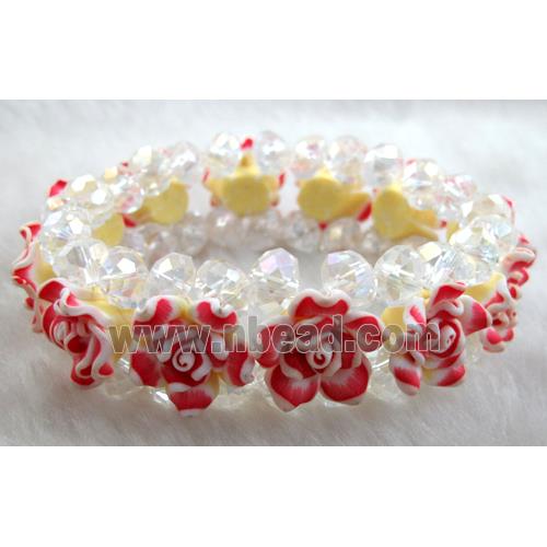 fimo clay bracelet with crystal glass, stretchy, red