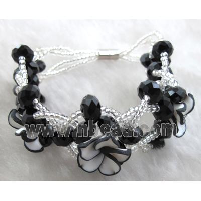 fimo clay bracelet with crystal glass, black, white