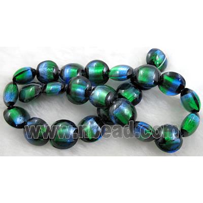 dichromatic lampwork glass beads with foil, flat-round, green