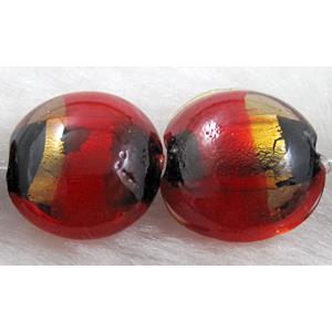 dichromatic lampwork glass beads with foil, flat-round, red