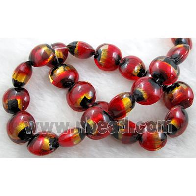 dichromatic lampwork glass beads with foil, flat-round, red