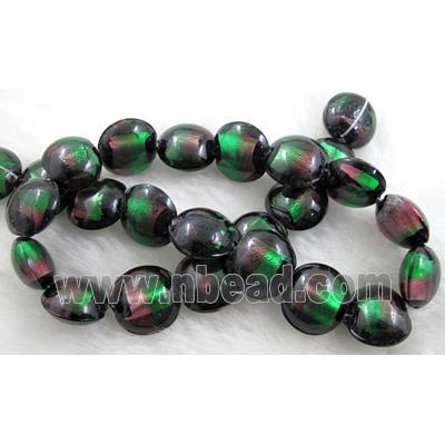 dichromatic lampwork glass beads with foil, flat-round, green, purple