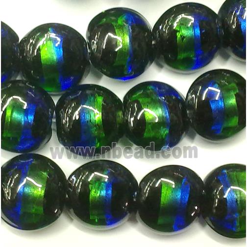  dichromatic glass lampwork beads with foil, flat-round, green