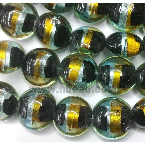  dichromatic glass lampwork beads with foil, flat-round, yellow