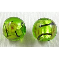 glass lampwork beads with silver foil, line, round, green