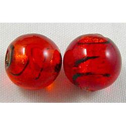 glass lampwork beads with silver foil, line, round, red