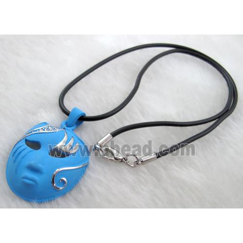 lacquered mask Necklace, alloy, rubber cord, blue
