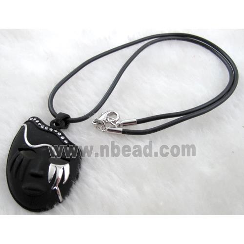 black lacquered mask Necklace, alloy, rubber cord