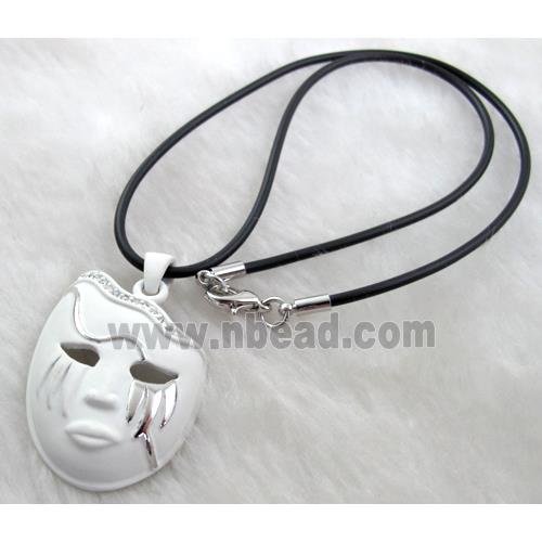 lacquered mask Necklace, alloy, rubber cord, white