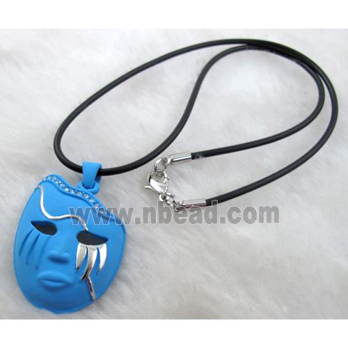 lacquered mask Necklace, alloy, rubber cord, blue