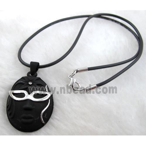 lacquered mask Necklace, alloy, rubber cord, black