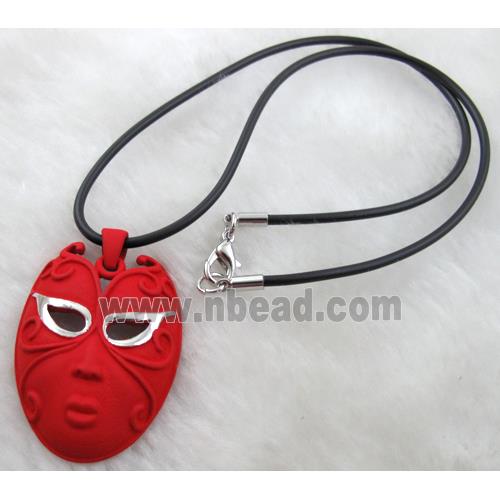 lacquered mask Necklace, alloy, rubber cord, red