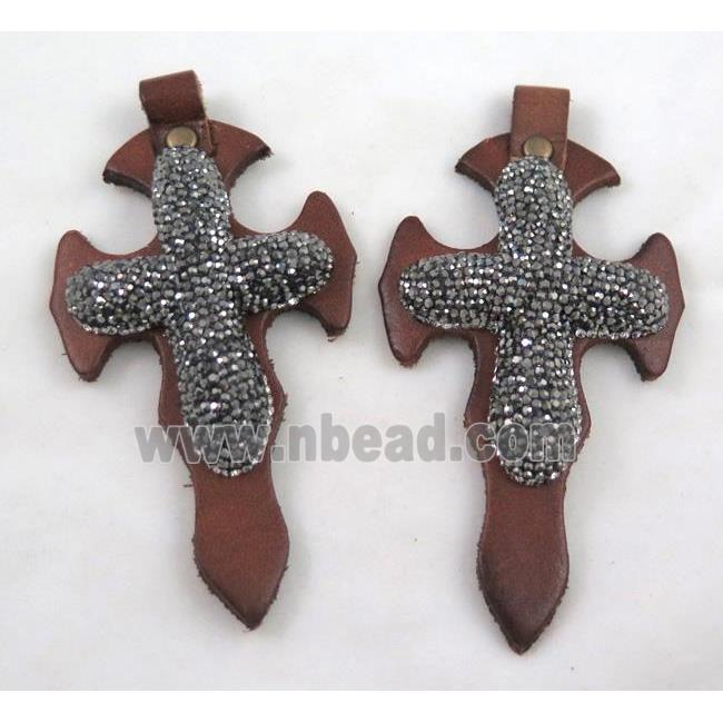 leather pendant paved rhinestone, cross