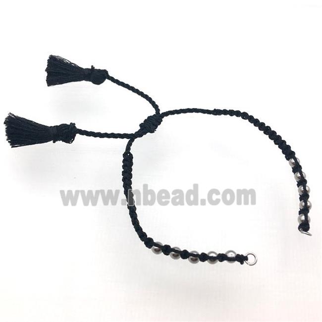 black nylon wire bracelet chain with tassel, platinum plated beads