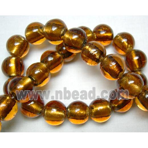Lampwork Glass Beads with silver foil, round, gold-coffee