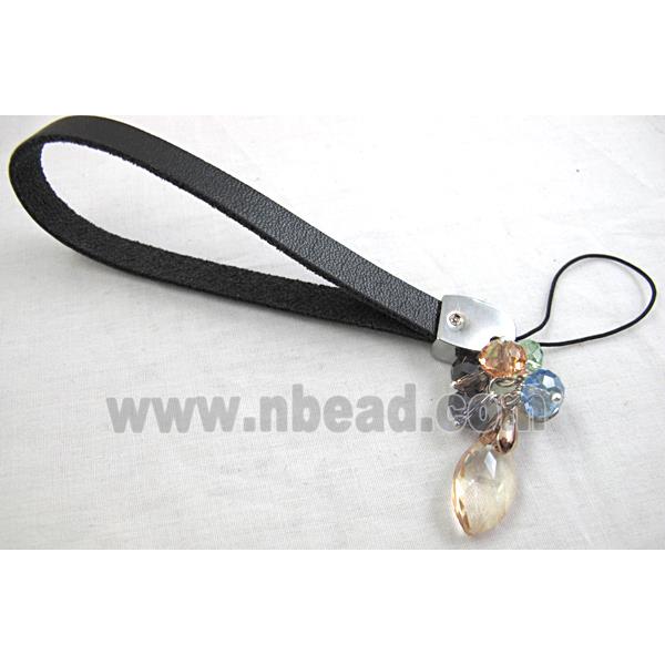 cell phone cord, String hanger PU leather, Crystal Pendant
