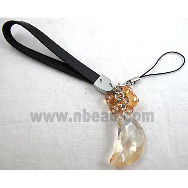 cellphone strap, String hanger PU leather, Crystal moony Pendant