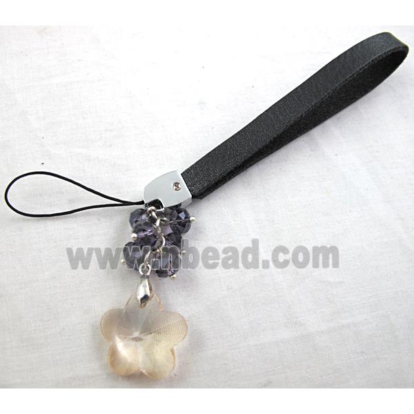 cellphone strap, PU leather, Crystal Flower Pendant