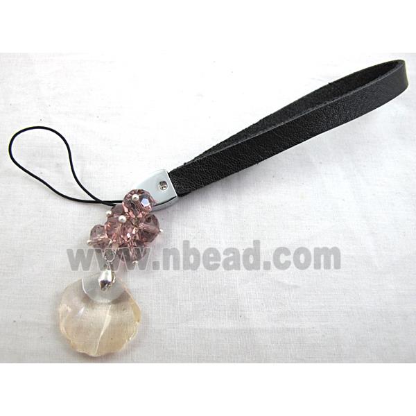 Mobile phone cord, String hanger PU leather, Crystal Fan Pendant