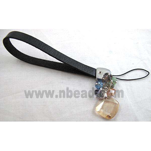 Mobile phone rope, String hanger PU leather, Square Crystal Pendant