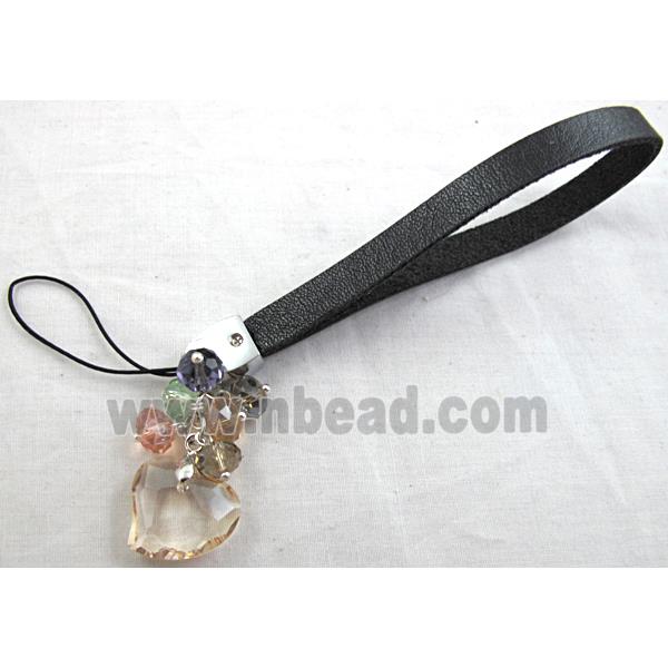 mobile phone strap, String hanger (PU) leather, Heart Crystal Pendant