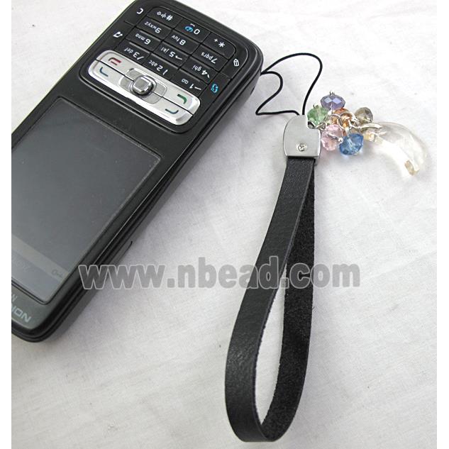 Mobile phone cord, String hanger PU leather, Crystal moony Pendant